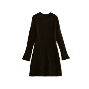 Fashion Solid Ribbed Knitted Dress Fall And Winter Slim-fit Stand-up Collar A-line Dresses