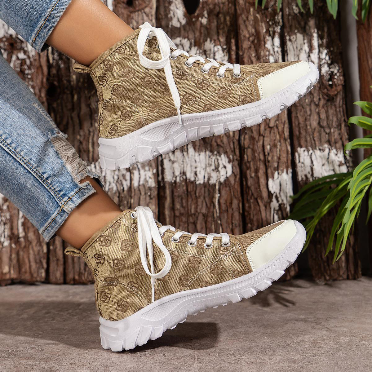 Rose-printed Lace-up Boots Fashion Breathable Canvas Shoes Sports Casual Non-slip Thick-soled Short Boot For Women