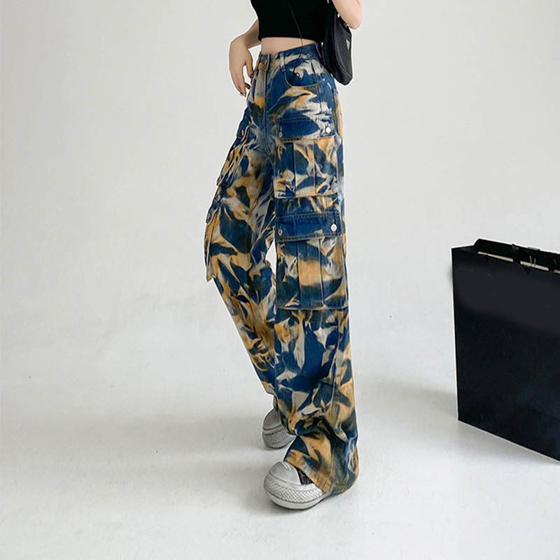 New Tie-dye Cargo Trousers With Pockets Y2K Fashion High Waist Loose Wide Leg Pants Spring And Autumn