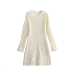 Fashion Solid Ribbed Knitted Dress Fall And Winter Slim-fit Stand-up Collar A-line Dresses