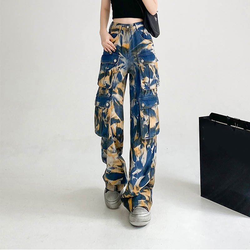 New Tie-dye Cargo Trousers With Pockets Y2K Fashion High Waist Loose Wide Leg Pants Spring And Autumn