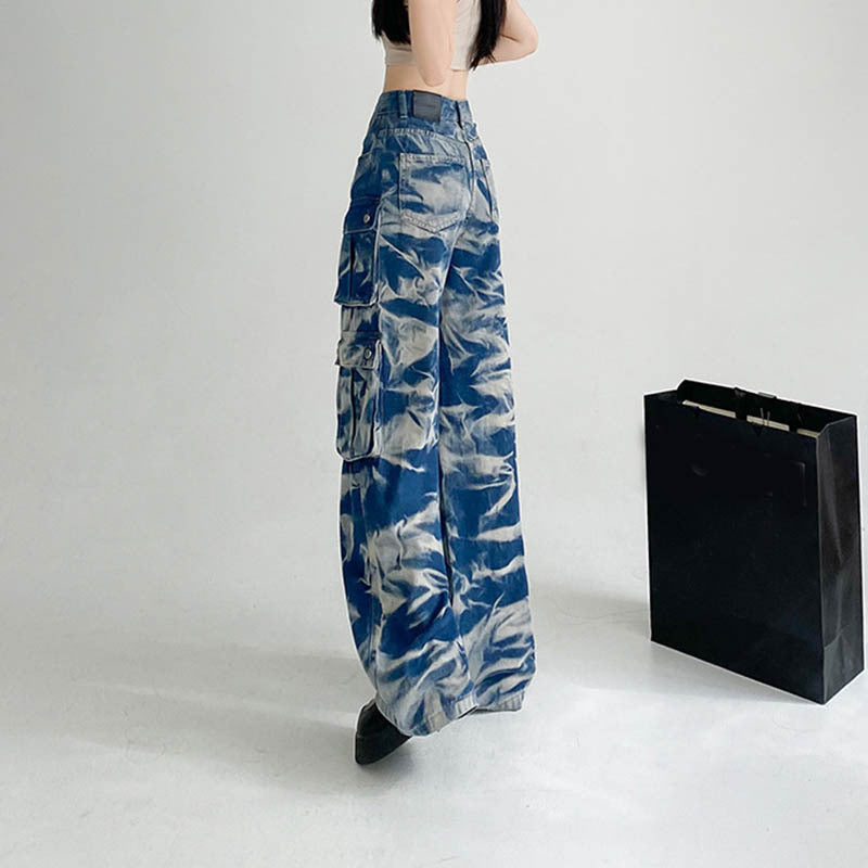 New Tie-dye Cargo Trousers With Pockets Y2K Fashion High Waist Loose Wide Leg Pants Spring And Autumn