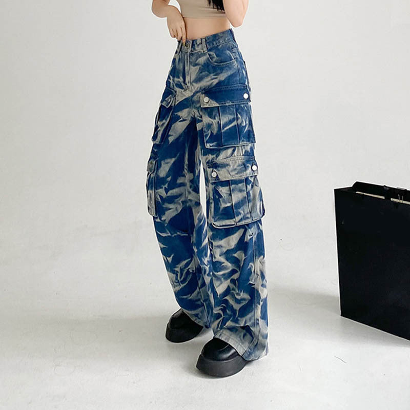 New Tie-dye Cargo Trousers With Pockets Y2K Fashion High Waist Loose Wide Leg Pants Spring And Autumn