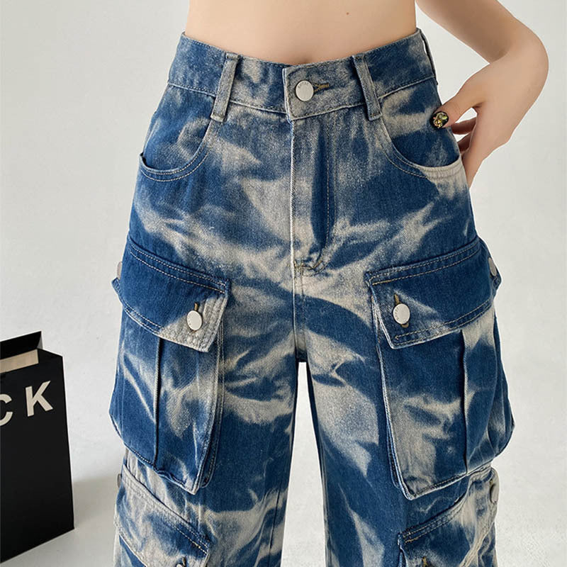 New Tie-dye Cargo Trousers With Pockets Y2K Fashion High Waist Loose Wide Leg Pants Spring And Autumn