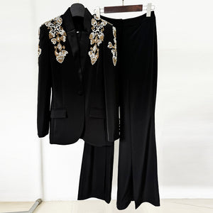 Exquisite Rhinestone Beaded Stand Collar Blazer Split Trousers Suit - Genyornis Store