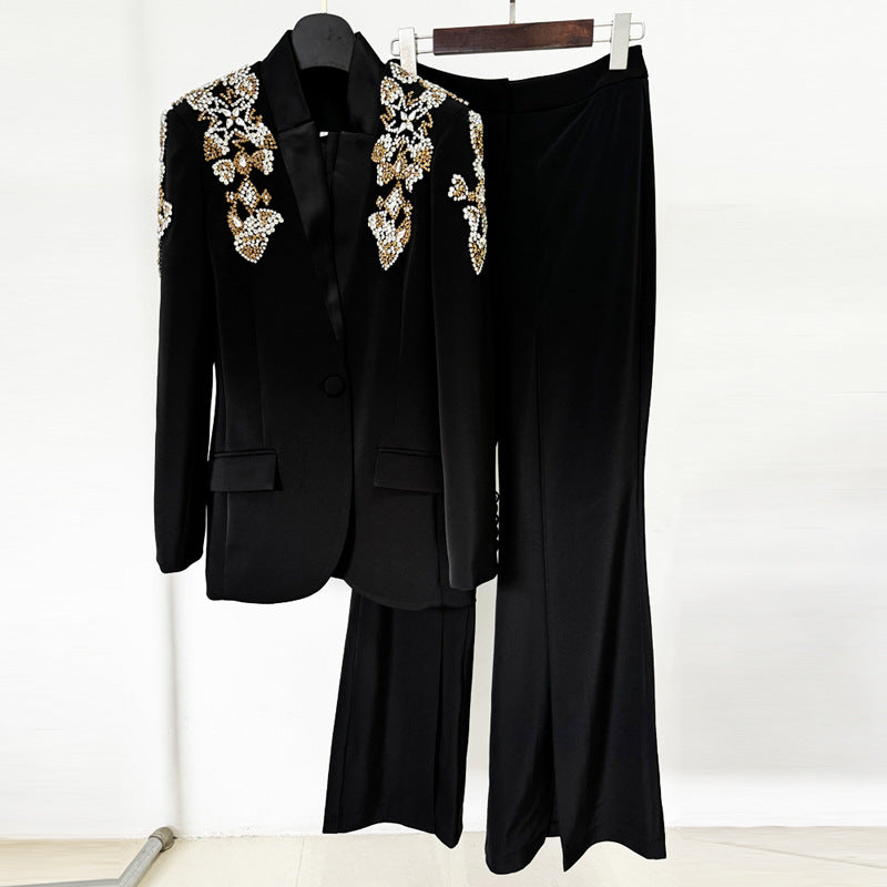 Exquisite Rhinestone Beaded Stand Collar Blazer Split Trousers Suit - Genyornis Store