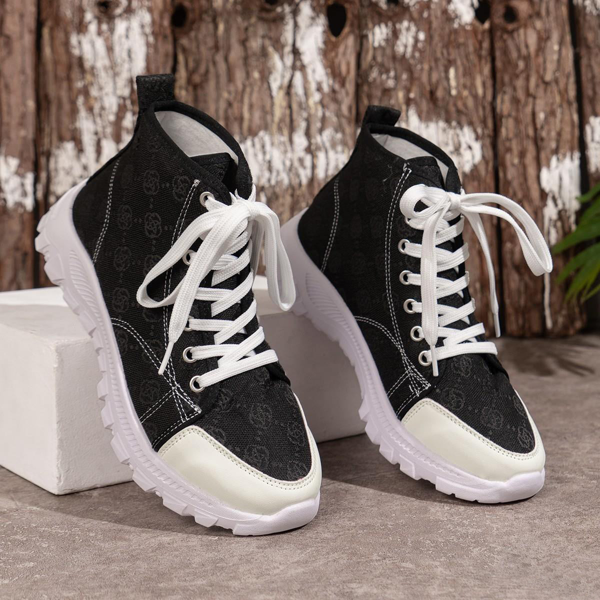 Rose-printed Lace-up Boots Fashion Breathable Canvas Shoes Sports Casual Non-slip Thick-soled Short Boot For Women