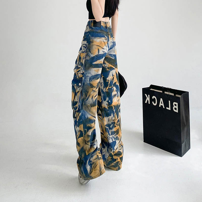 New Tie-dye Cargo Trousers With Pockets Y2K Fashion High Waist Loose Wide Leg Pants Spring And Autumn