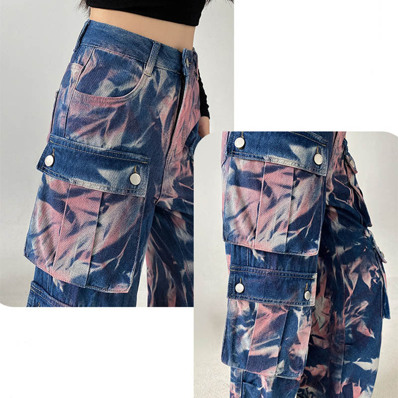 New Tie-dye Cargo Trousers With Pockets Y2K Fashion High Waist Loose Wide Leg Pants Spring And Autumn